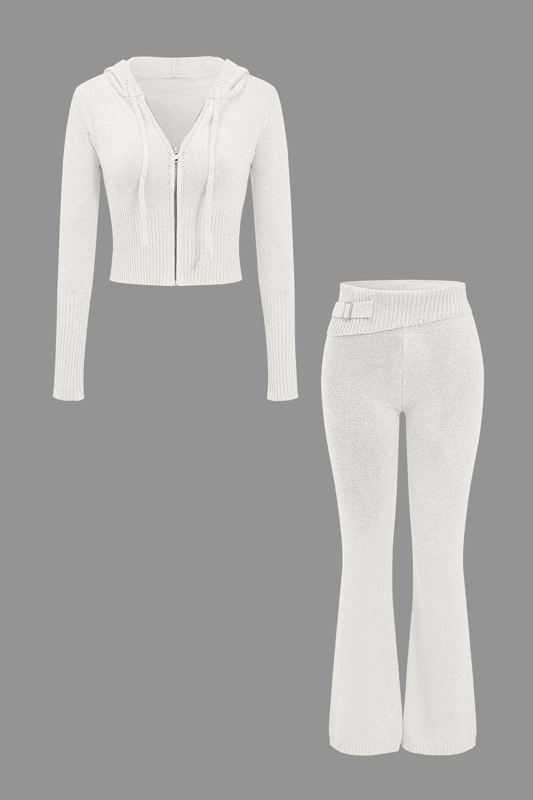 Women 2 Piece Knit Hoodie Flared Pants Set