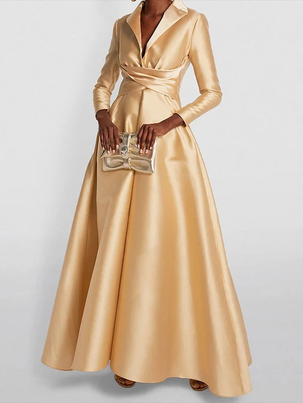 Lena | Maxi Dress | A-Line, High Waist, V-Neck, Long Sleeve | Pleated