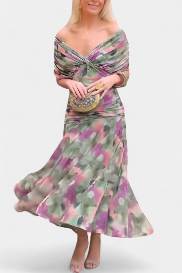 Summer Dress | Women Off Shoulder Draped Neckline Flowy Maxi Dress