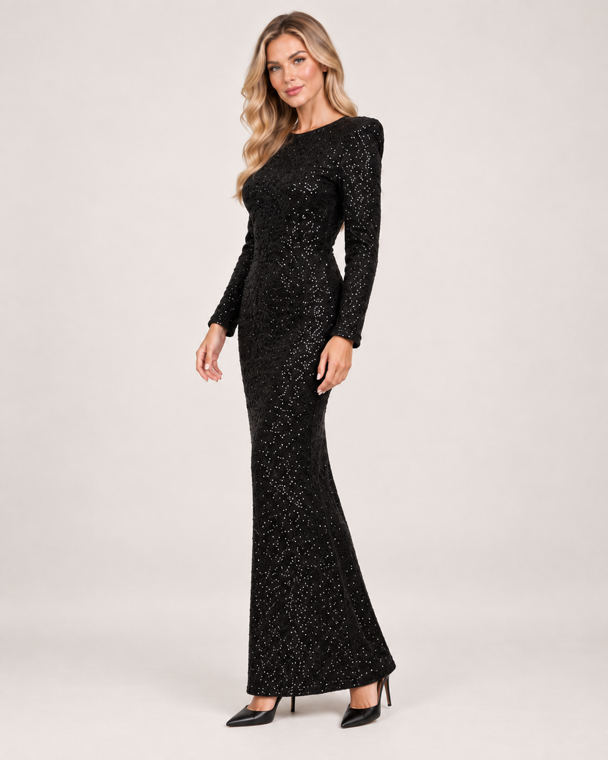 Sequin Dress Women Long Sleeve Open Back Bow Full Length | Leah