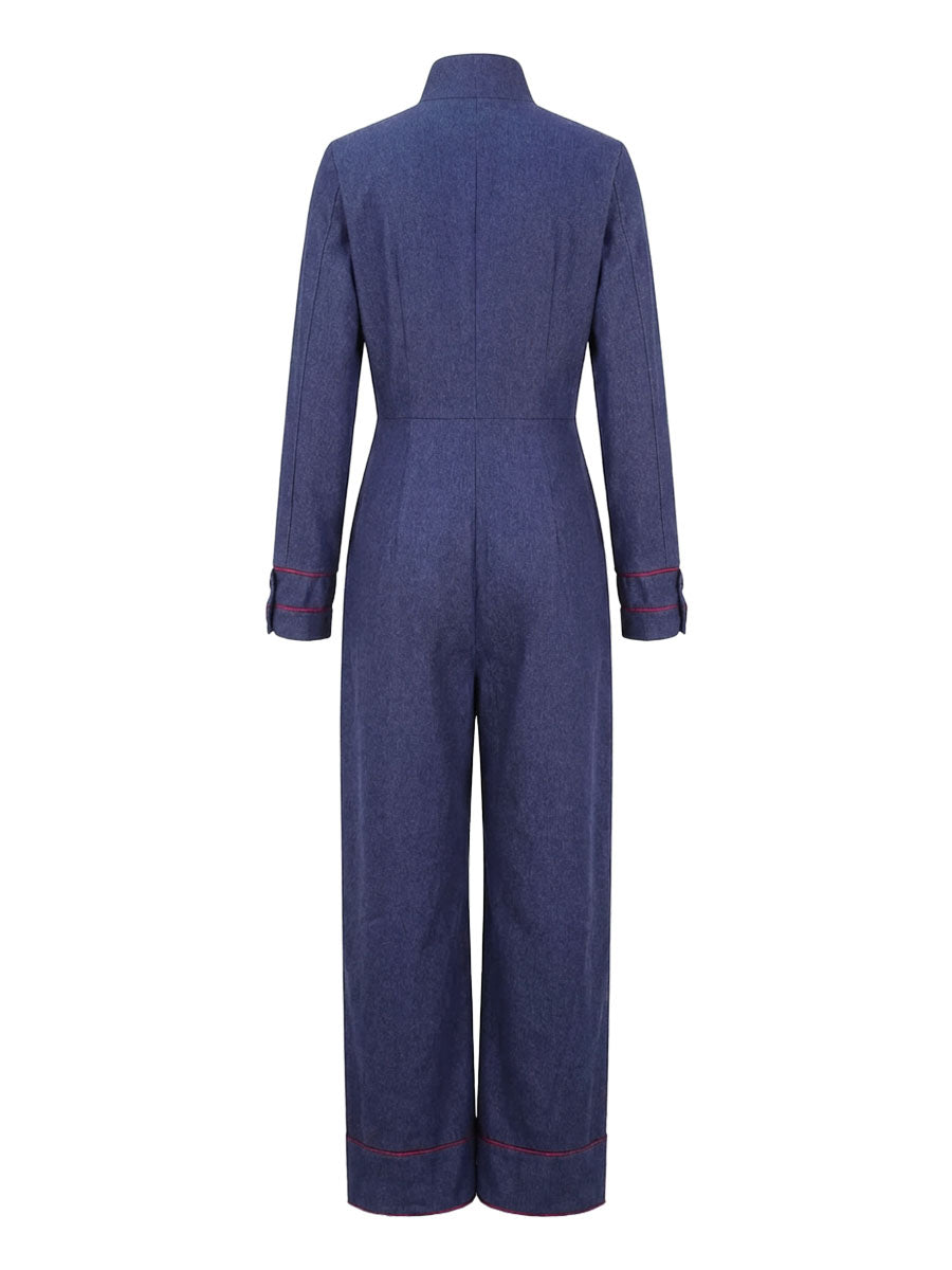 Women Denim Jumpsuit Wide Leg Long Sleeve Stand Collar Zip | Jolie