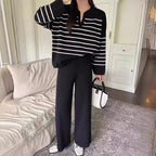 Women 2 Piece Knit Blouse Wide Leg Trousers Striped Set