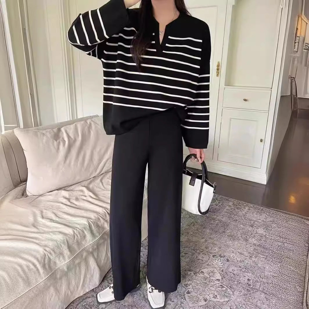 Women 2 Piece Knit Blouse Wide Leg Trousers Striped Set