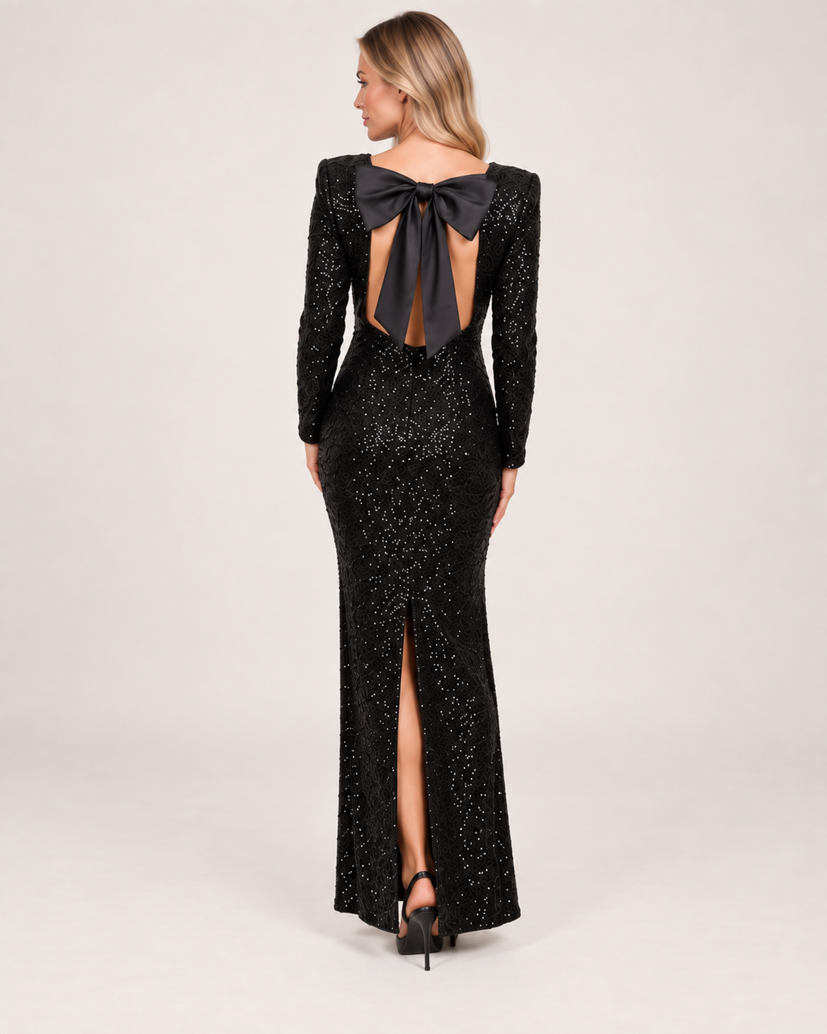 Sequin Dress Women Long Sleeve Open Back Bow Full Length | Leah
