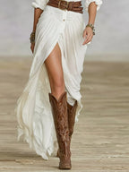 Lux | Long Belted Dress | Pleated Lapels, Waist-Defining Belt | Women's