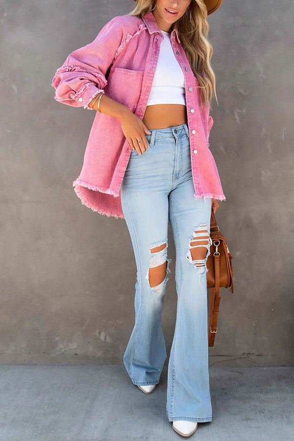 Women Denim Jacket Oversized Fringe Detail