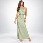 Satin Dress Women Midi Asymmetric Neckline Lightweight