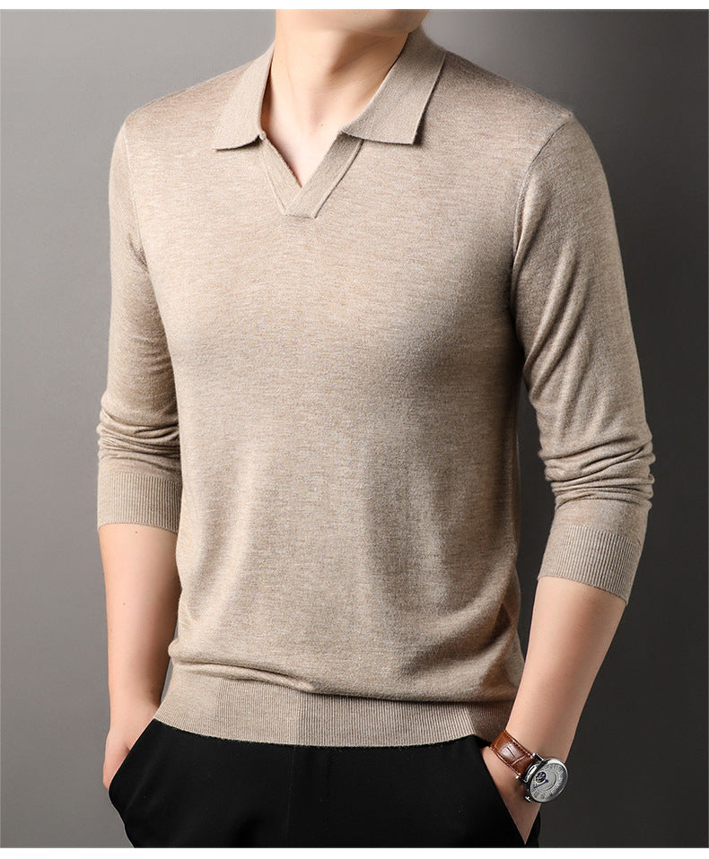Dione | Men's Long Sleeve Polo Shirt | V-Neck, Ribbed Trim | Beige