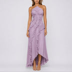 Women Halter Neck Ruffle Maxi Dress High Low Hem