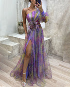 Evening Maxi Dress | One-Shoulder, Floral Appliqué & High Slit | Noor