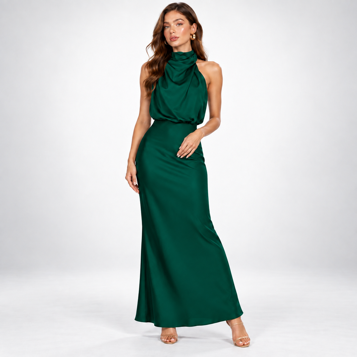 Satin Dress Women Midi Asymmetric Neckline Lightweight