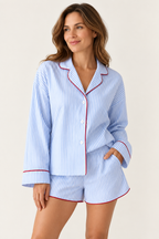 Women's Shorts Pajama Set | 100% Cotton Striped Piped Top and Shorts