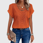 Mila | Women's Openwork Blouse | Short Sleeve, Round Neck | Loose Fit