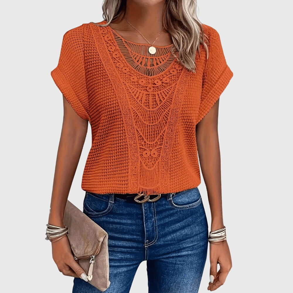 Mila | Women's Openwork Blouse | Short Sleeve, Round Neck | Loose Fit