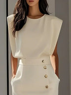 Calla | Women's Midi Dress | Round Neckline, Button Slit | Structured