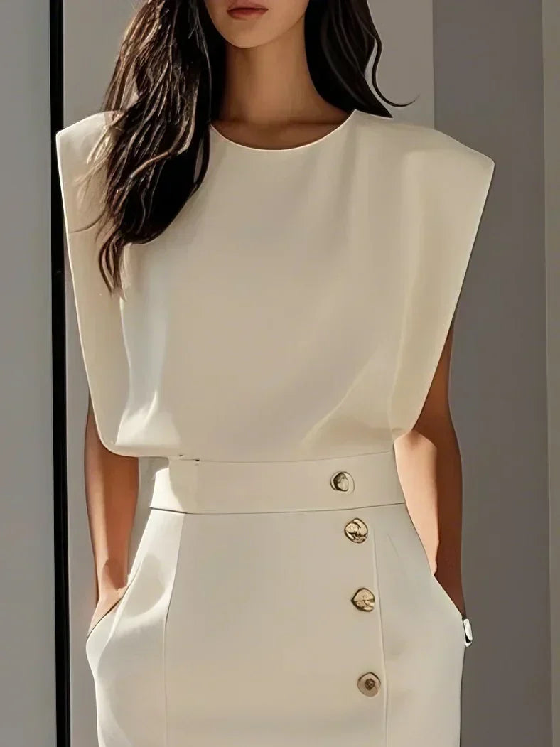 Calla | Women's Midi Dress | Round Neckline, Button Slit | Structured