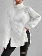 Women Ribbed Knit Turtleneck Sweater Side Slit
