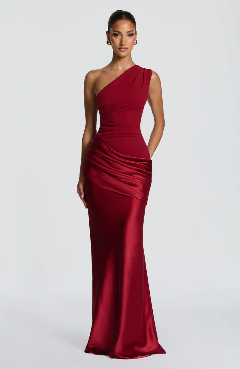Long Maxi Dress Women One Shoulder Asymmetric Neckline Draped
