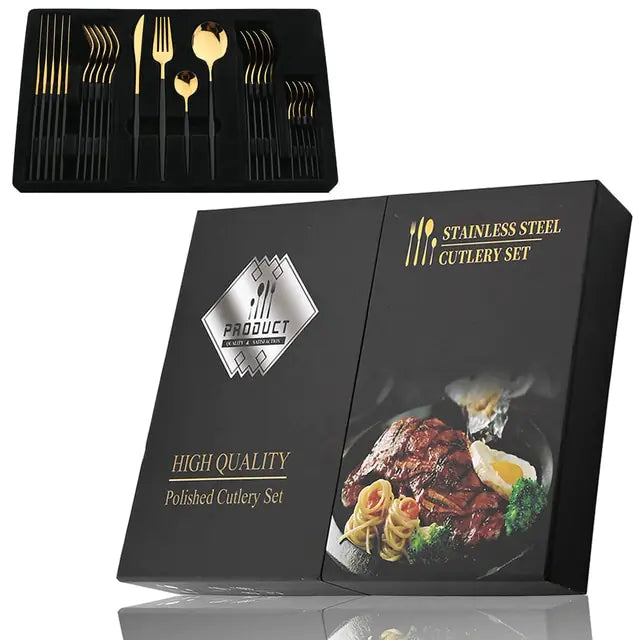 Kira | Cutlery Set 24 Piece | Stainless Steel, Gold Accent | Black, White, Rose
