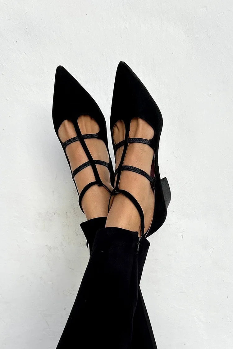 Women Pointed Toe Block Heel Multi-Strap Heels