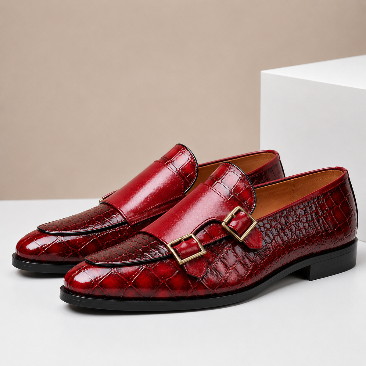 Clea | Men's Leather Loafers | Double Monk Strap, Almond Toe