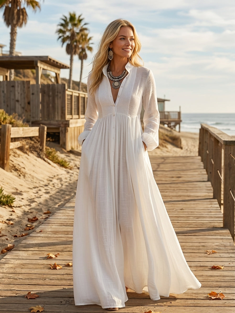 Maxi Dress Women Linen Patchwork Stand Up Collar Long Sleeve | Vera