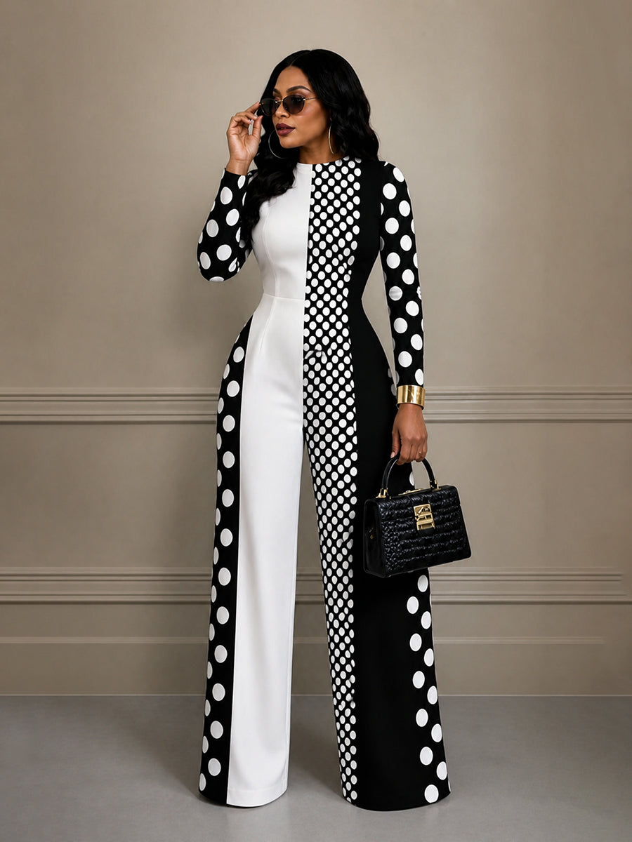 Women Jumpsuits Polka Dot Contrast Color Long Sleeve High Waist | Clea