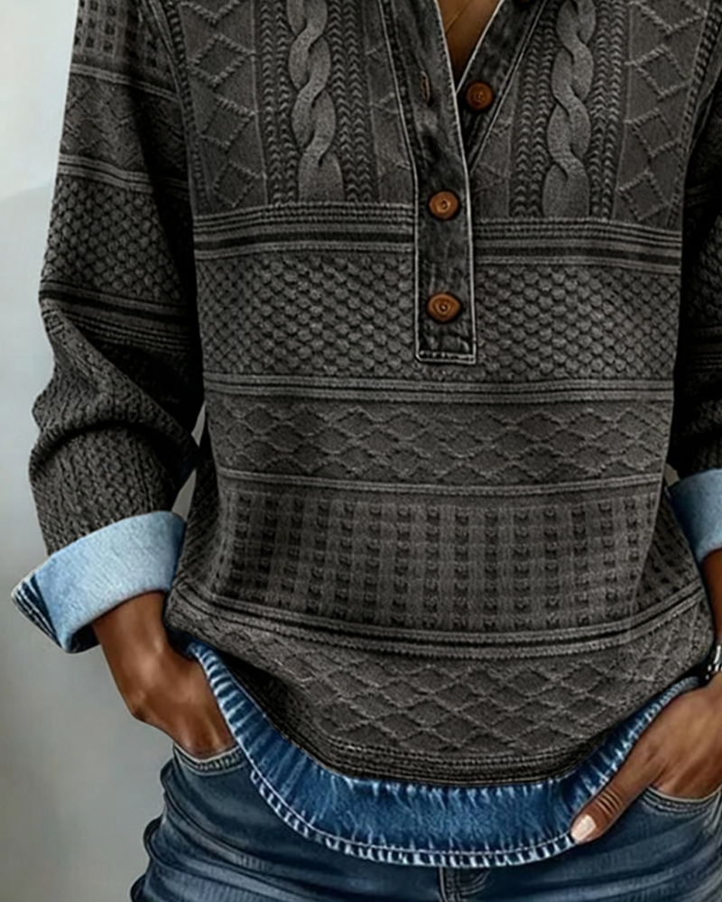 Women Half Button Collar Sweatshirt Textured Knit
