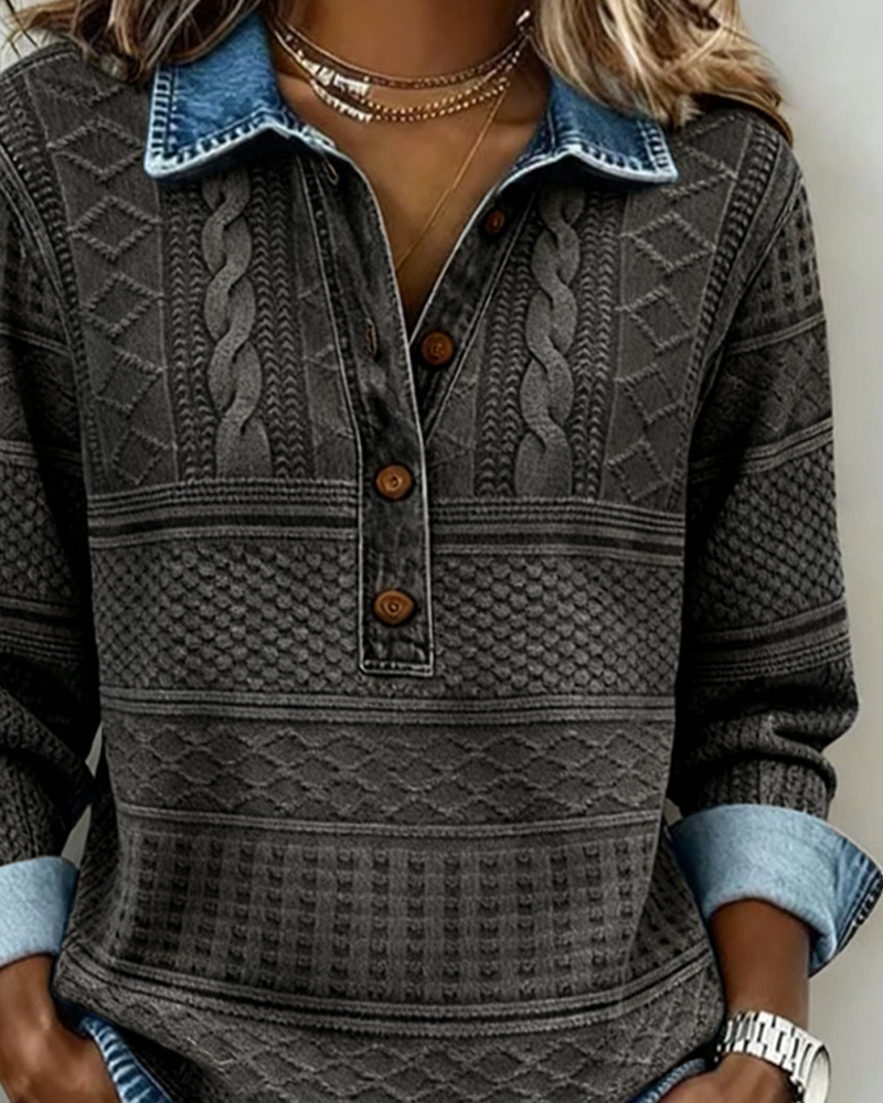 Women Half Button Collar Sweatshirt Textured Knit