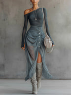 Maxi Dress Women Chiffon Off Shoulder Slit Floor Length | Tindra