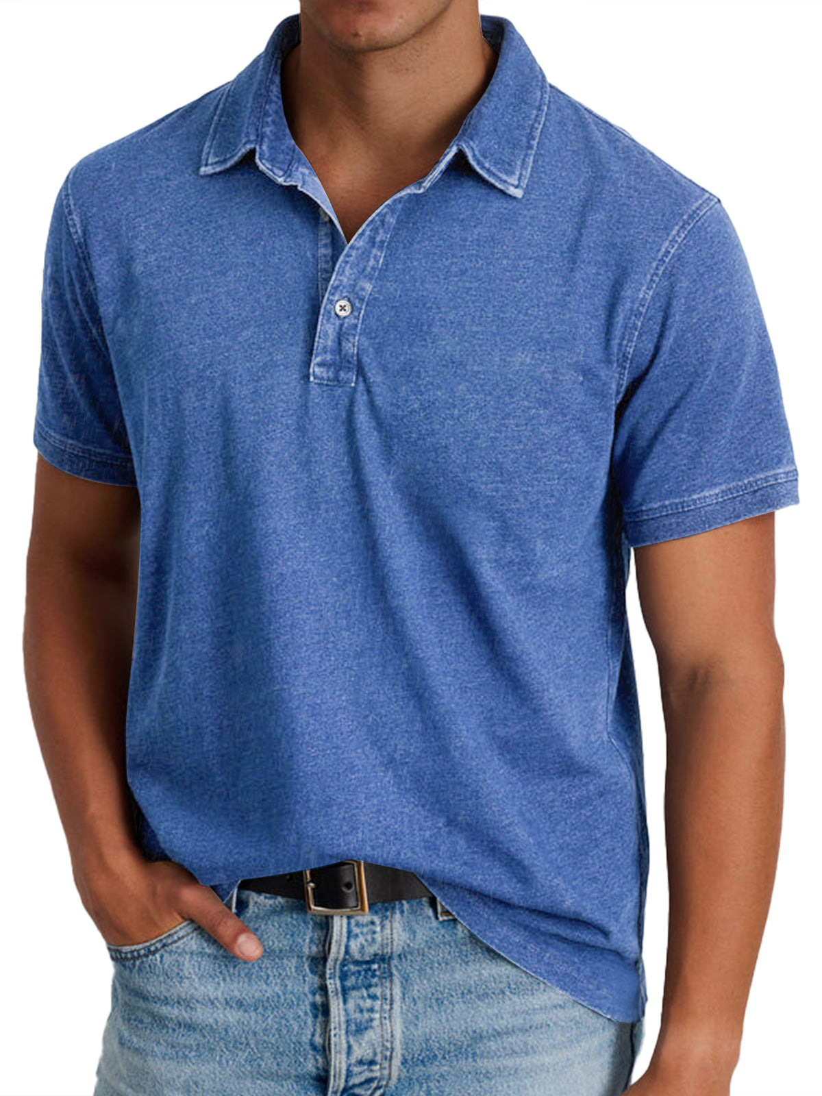 Polo Shirt Men Button Placket Collar Relaxed Fit Lightly Faded