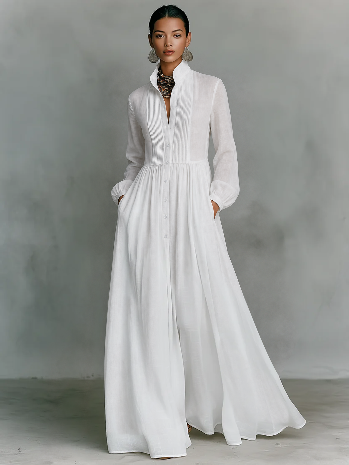 Maxi Dress Women Linen Patchwork Stand Up Collar Long Sleeve | Vera