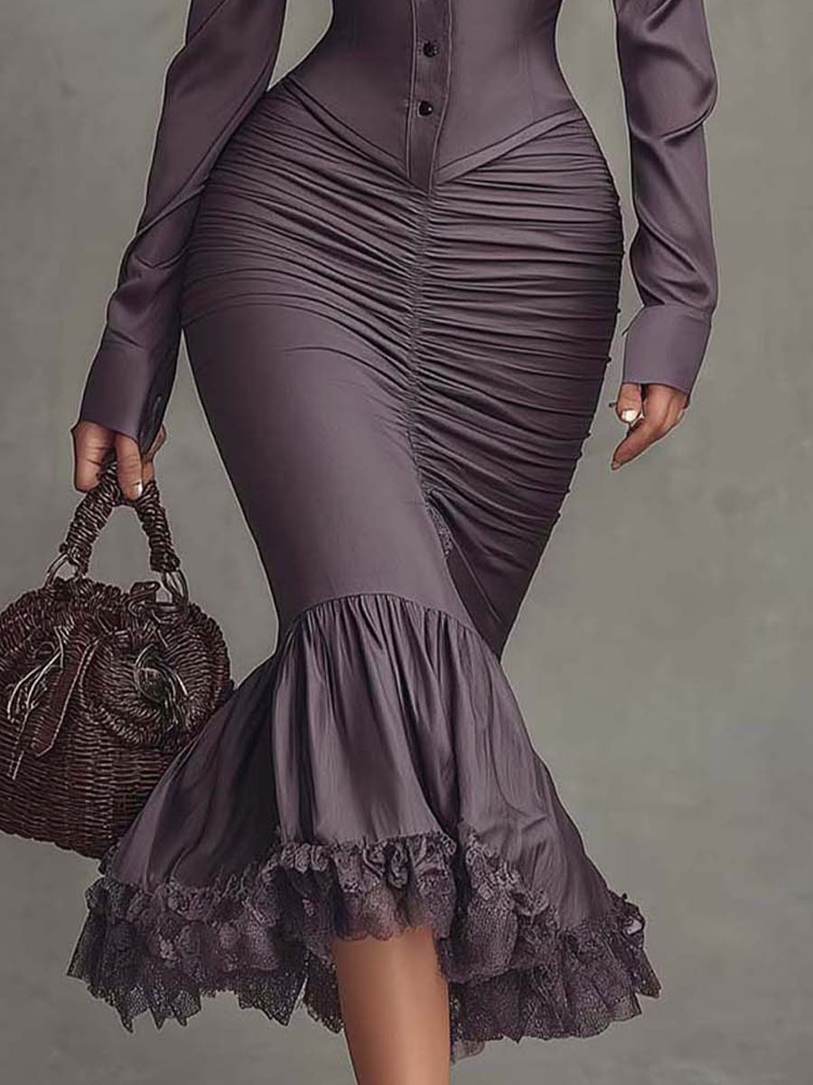Women Midi Dress Lace Trim Ruched Mermaid Hem | Halcyon