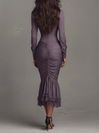 Women Midi Dress Lace Trim Ruched Mermaid Hem | Halcyon