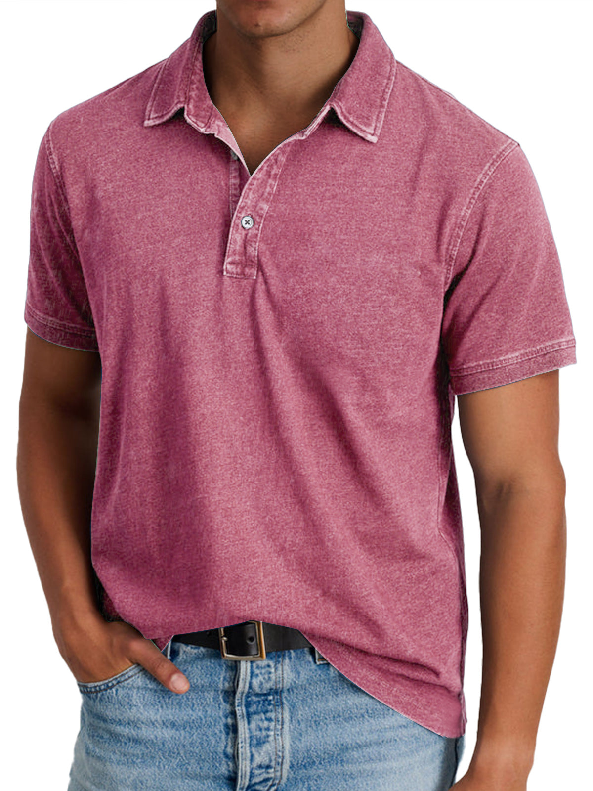 Polo Shirt Men Button Placket Collar Relaxed Fit Lightly Faded