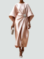 Summer Dress | Women Satin Midi Kimono Sleeve Draped Flowy Silhouette