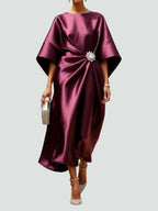 Summer Dress | Women Satin Midi Kimono Sleeve Draped Flowy Silhouette