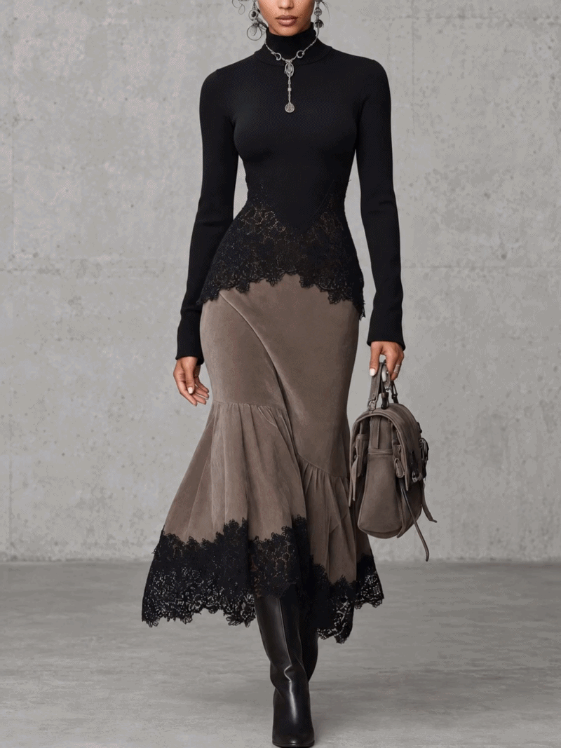 Women Lace Maxi Skirt Set Mermaid 2 Piece Mock Neck Peplum | Perla