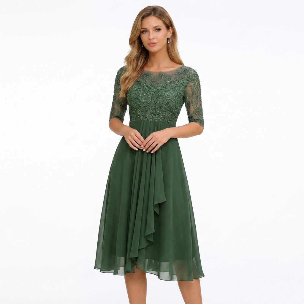 Midi Dress Women Lace Top Tulle Skirt Formal Three Quarter Sleeve