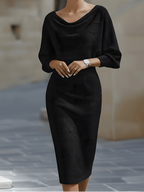 Midi Dress Womens Batwing Sleeve Crew Neck Casual Flowy Silhouette