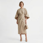 Midi Dress Women Belted Flared A Line Three Quarter Sleeve High Neck