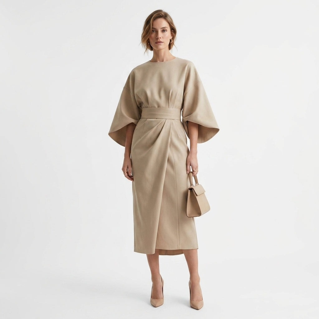 Midi Dress Women Belted Flared A Line Three Quarter Sleeve High Neck