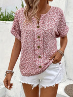 Women Blouse Short Sleeve Button Front Printed Loose Fit | Una
