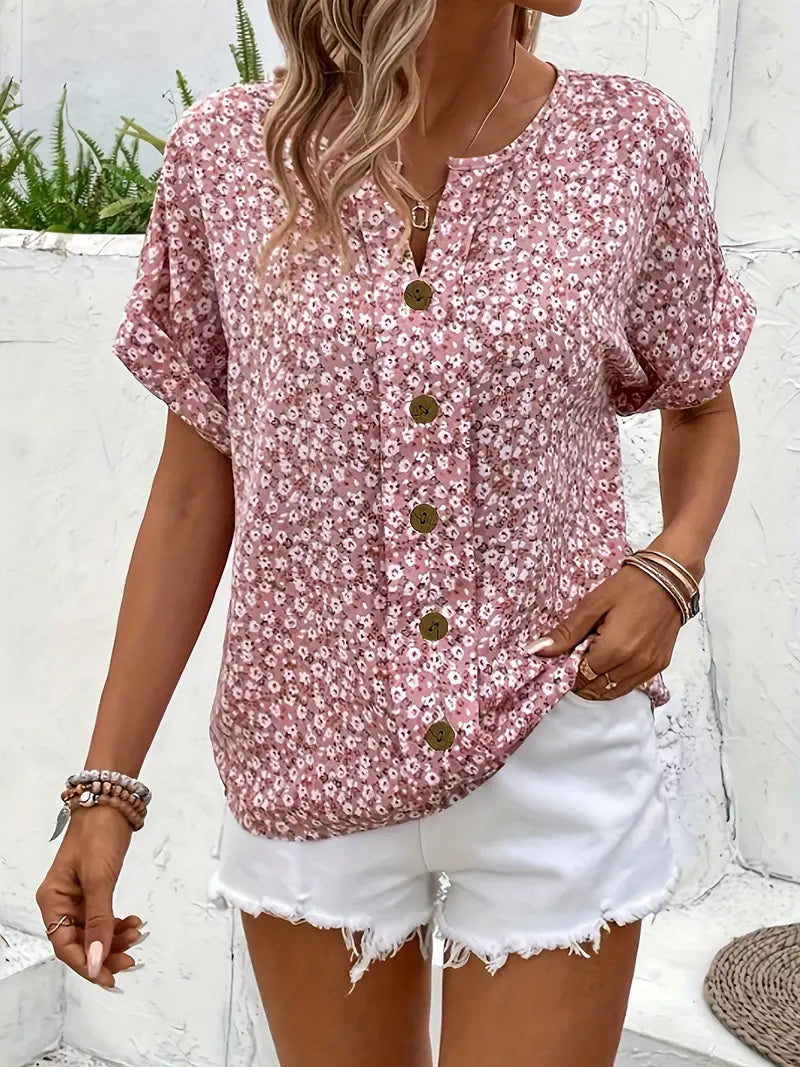 Women Blouse Short Sleeve Button Front Printed Loose Fit | Una