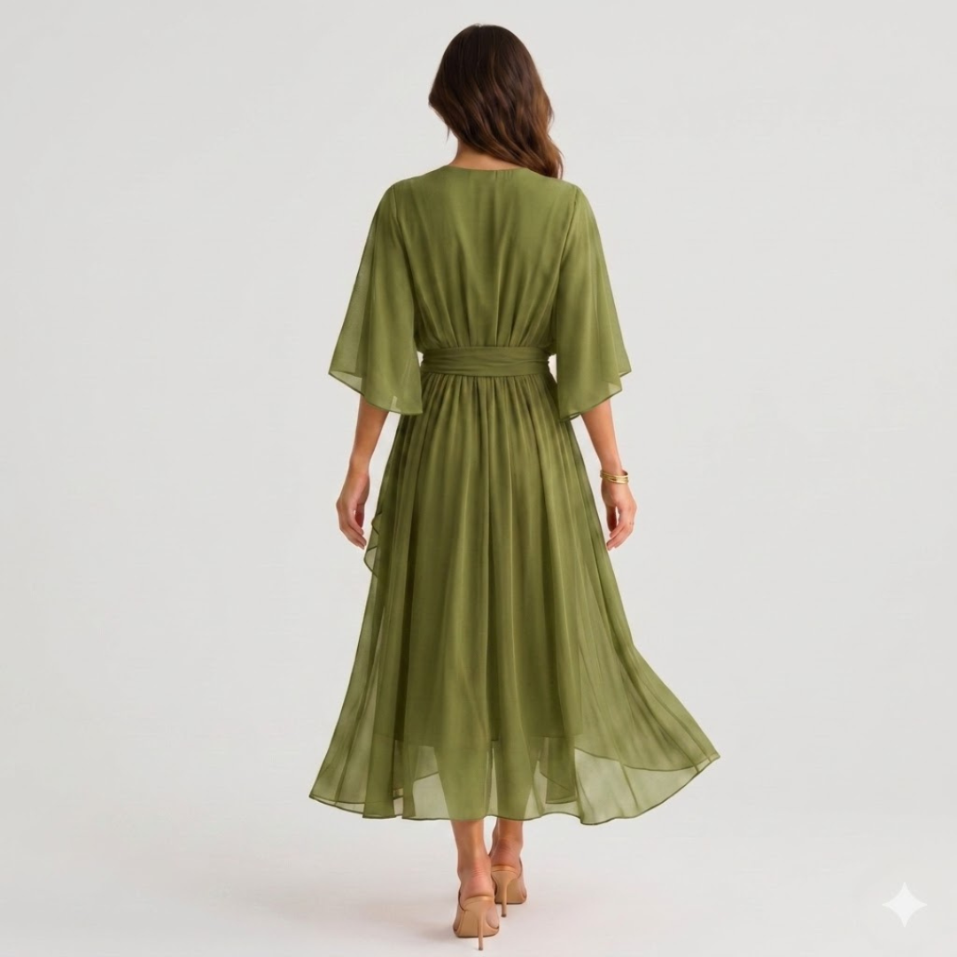 Midi Dress V Neck Wrap Waist Tie Layered Hem | Honor