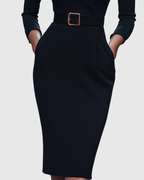 Midi Dress Women Fitted Pencil Wrap Neckline Three Quarter Sleeve