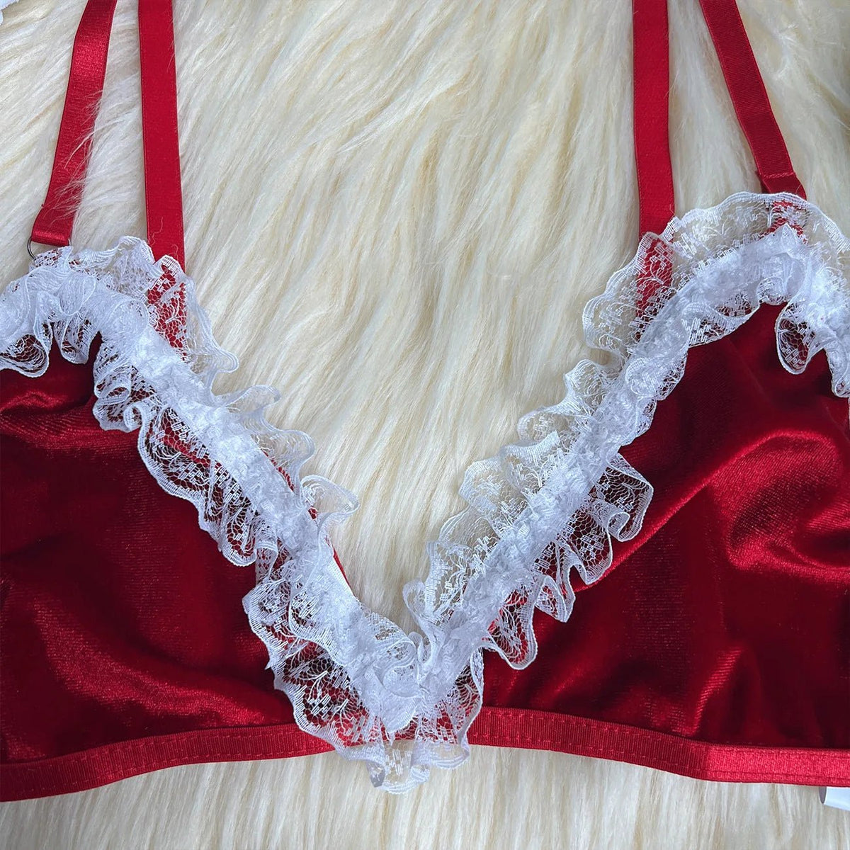 Mrs Claus Costume Women Red Velvet Lace 2 Piece Lingerie Set