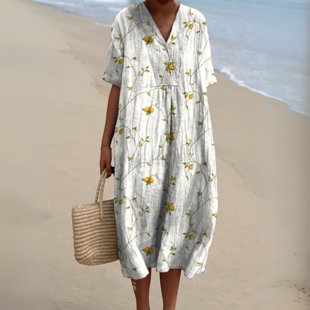 Summer Dress Women V Neck Cotton Linen Blend Floral Print Lightweight