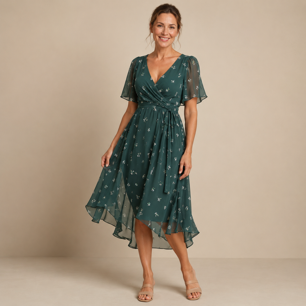 Floral Midi Dress Women Lightweight Stretch V Neck Empire Waist