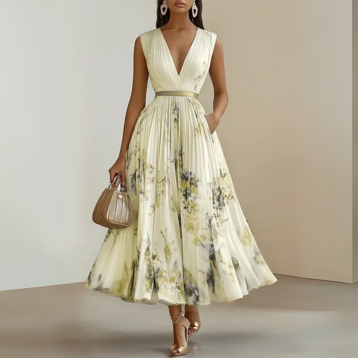 Women Flowy Midi Dress Pleated